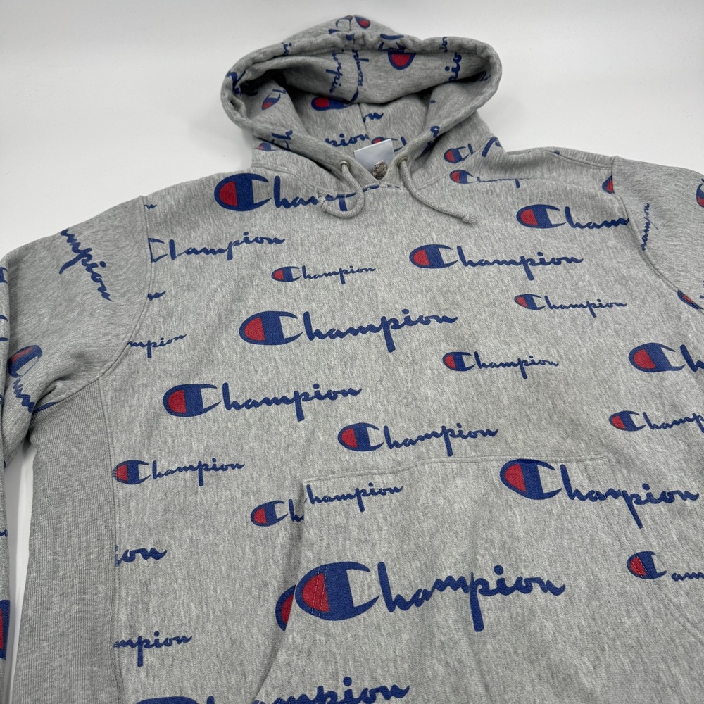 Champion Reverse Weave All Over Print Logo Hoodie Sweatshirt Men's X Large Gray - Picture 4 of 10